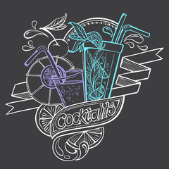 Hand-drawing Illustration Cocktails stylized in Chalk-draft