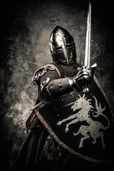 Medieval knight against stone wall