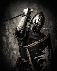 Medieval knight against stone wall