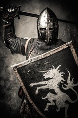 Medieval knight against stone wall