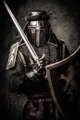 Medieval knight with a sword against stone wall