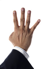 hand and businessman showing four fingers