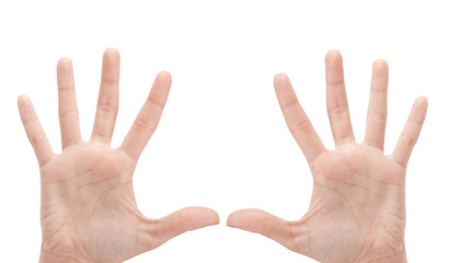 Open woman hand or number five isolated on white