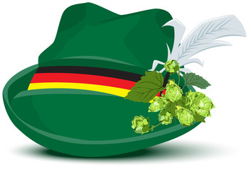 Green hat with a feather and hops