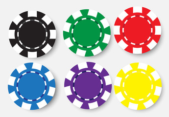 six poker chips isolated on white background
