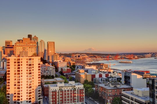 Scenic view of mountain Rainer during sunset. Downtown and port