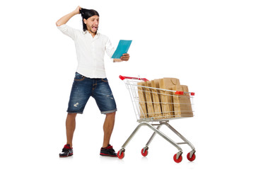 Man shopping with supermarket basket cart isolated on white