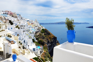 The view on Fira town and Aegean sea, Santorini island, Greece