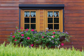 Fototapeta na wymiar Fenster aus Holz mit Rollladen und Blumenkästen in Holzfassade