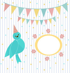 Cute blue bird on a background of festive garland and frame