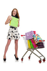 Woman after shopping in the supermarket isolated on white