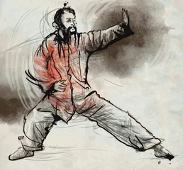 Papier Peint photo Arts martiaux Taiji (Tai Chi). An full sized hand drawn illustration