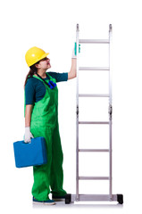 Female construction worker with toolkit and ladder