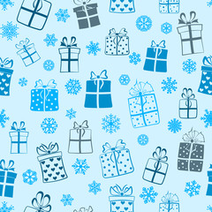 Seamless pattern of gift boxes, blue on light blue
