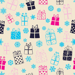 Fototapeta na wymiar Seamless pattern of gift boxes, multicolored on white