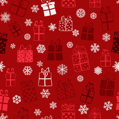 Obraz na płótnie Canvas Seamless pattern of gift boxes, multicolored on maroon