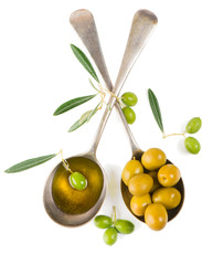 olives and olive oil, top view