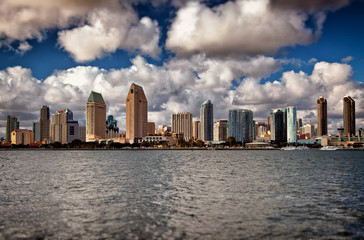 San Diego Downtown City Skyline Clouds and Water