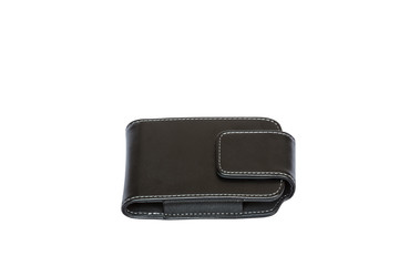 leather black case for mobile phone on white background