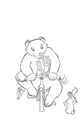 Fototapeta premium bear is racing on bicycle in the forest