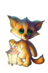 little fox with lantern in the forest