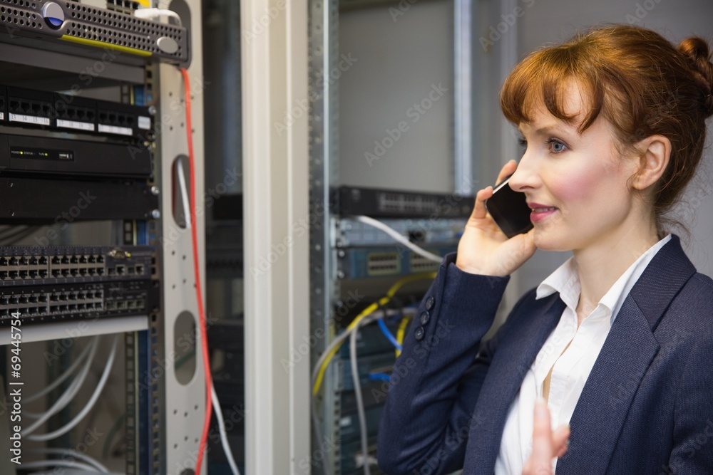 Poster Pretty computer technician talking on phone beside open server