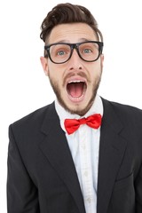Nerdy businessman shouting with mouth open