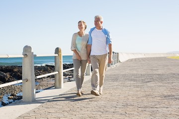 Happy casual couple walking by the coast