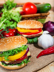 homemade hamburger with fresh vegetables, close up