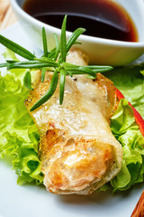 fried spring rolls on red bamboo mat