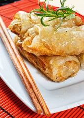 fried spring rolls on red bamboo mat