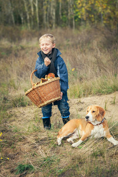 Happy Little boy with basket full of mushrooms with the dog on f
