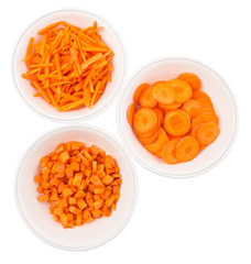 Different style of chopped carrots in white bowls