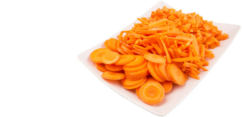 Different style of chopped carrots in white plate 