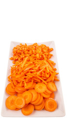 Different style of chopped carrots in a plate 