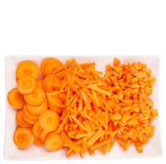 Different style of chopped carrots in a plate 