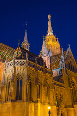 Matthias Church at Buda Castle in Budapest, Hungary at Night