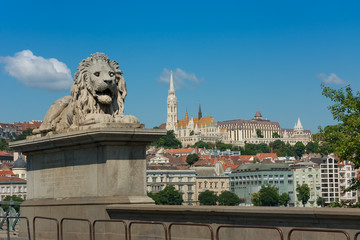 Fototapeta na wymiar View of Fisherman's Bastion from chain bridge Budapest