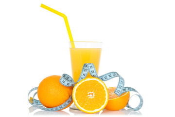 Juice, oranges and measuring tape