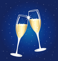 Champagne toast cups on a blue starry background.