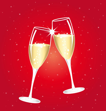 Champagne toast cups on a red starry background.