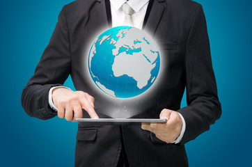 Businessman standing posture hand hold globe map on tablet