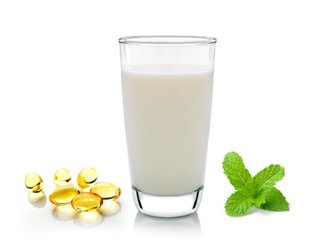 Glass Of Milk Mint And Fish Oil  Isolated On White Background