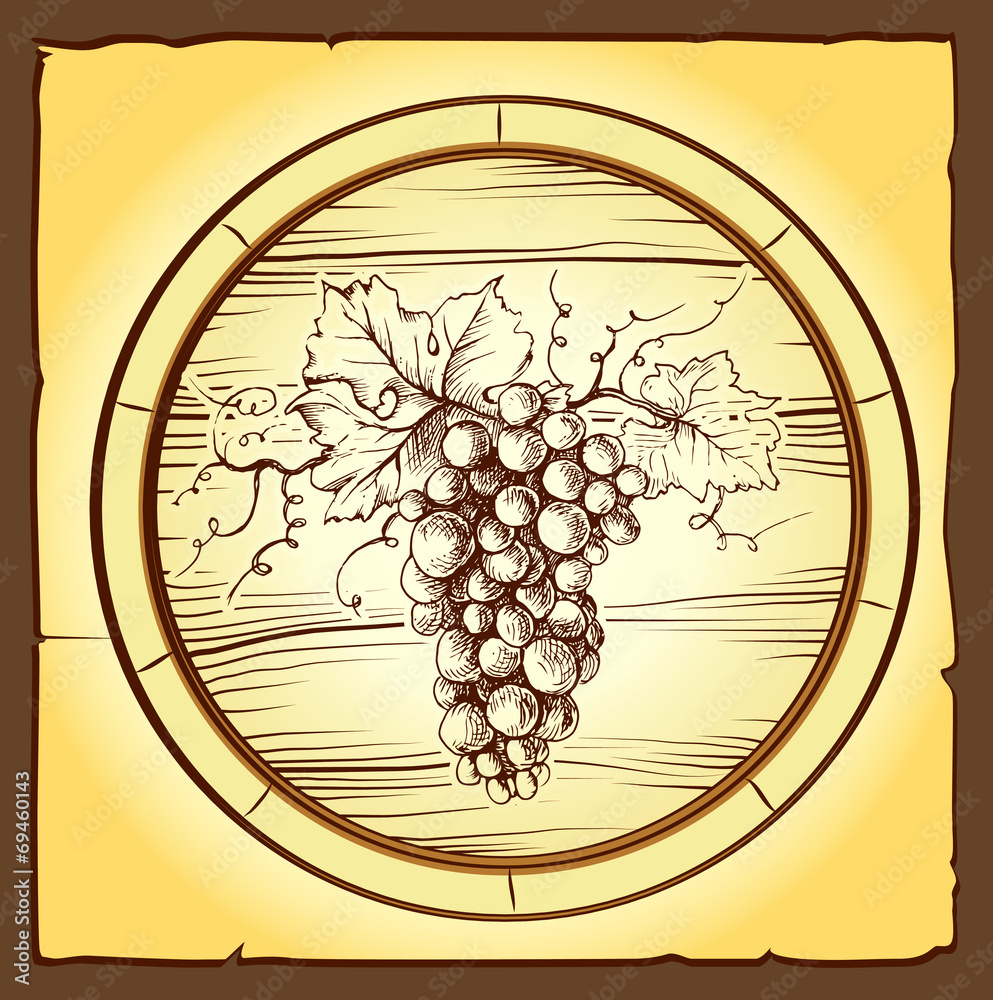 Poster Wine cask . labels for wine with grapes. Barrel. Ceg