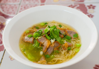 Noodles, Chinese egg noodles with red pork in hot soup