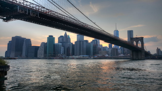 The Brooklyn Bridge as night falls