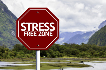 Stress Free Zone red sign with a landscape background