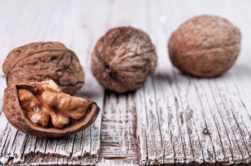 Dried walnuts wooden table
