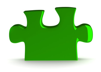 Single green puzzle piece standing isolated on white