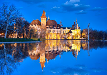 Obraz premium Vajdahunyad castle in the evening with lake, Budapest, Hungary